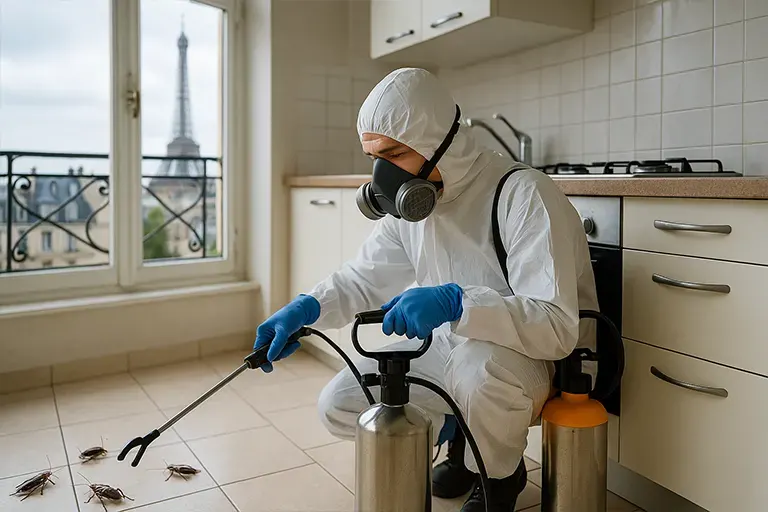 Technicien Nuisibles France traitant une cuisine contre les cafards/blattes à Paris