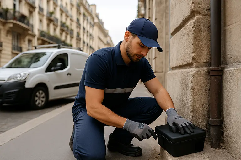 Technicien Nuisibles France posant des postes d’appât sécurisés pour dératisation à Paris
