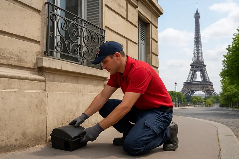 Technicien Nuisibles France posant des postes d’appât sécurisés contre les rats à Paris