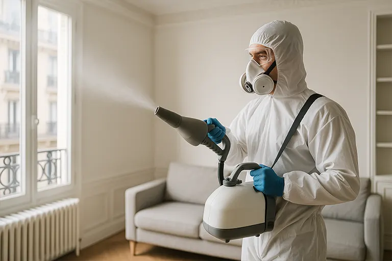 Technicien Nuisibles France réalisant une désinfection professionnelle à Paris