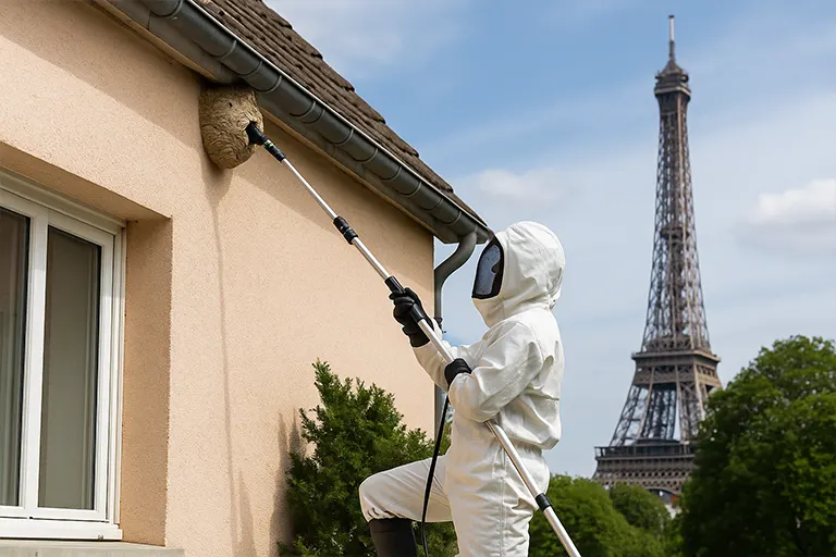 Technicien Nuisibles France détruisant un nid de guêpes/frelons à Paris en toute sécurité