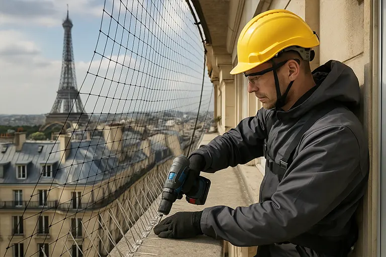 Technicien posant des pics et filets anti-pigeons sur une façade à Paris