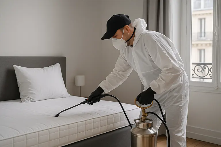 Technicien Nuisibles France traitant une chambre contre les punaises de lit à Paris
